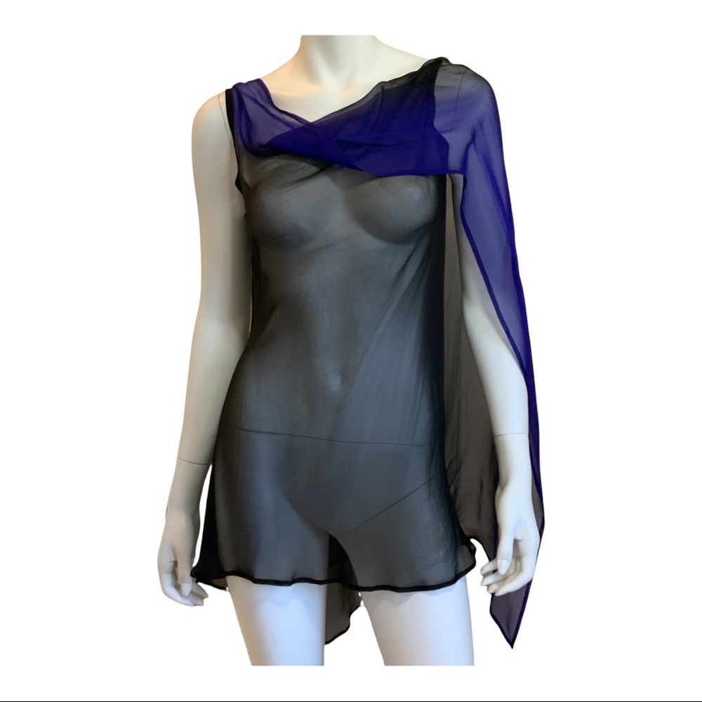 Ann Demeulemeester blue and black sheer Silk top with back drape size 40=10